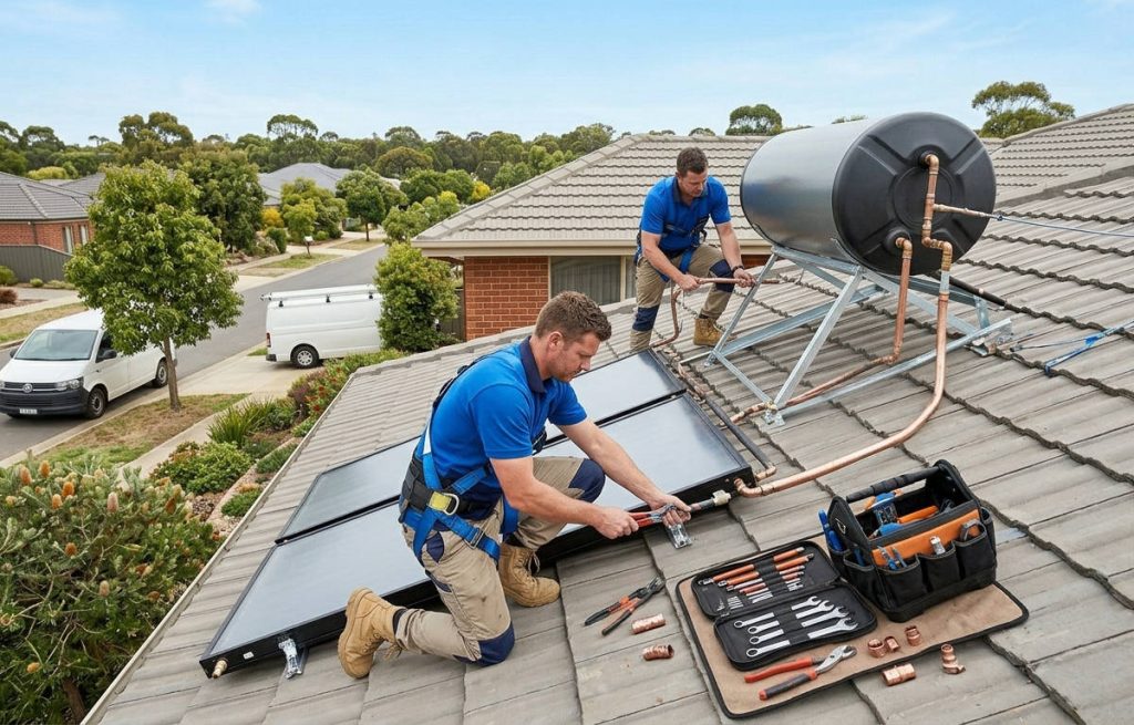 plumber repairing solar hot water heater
